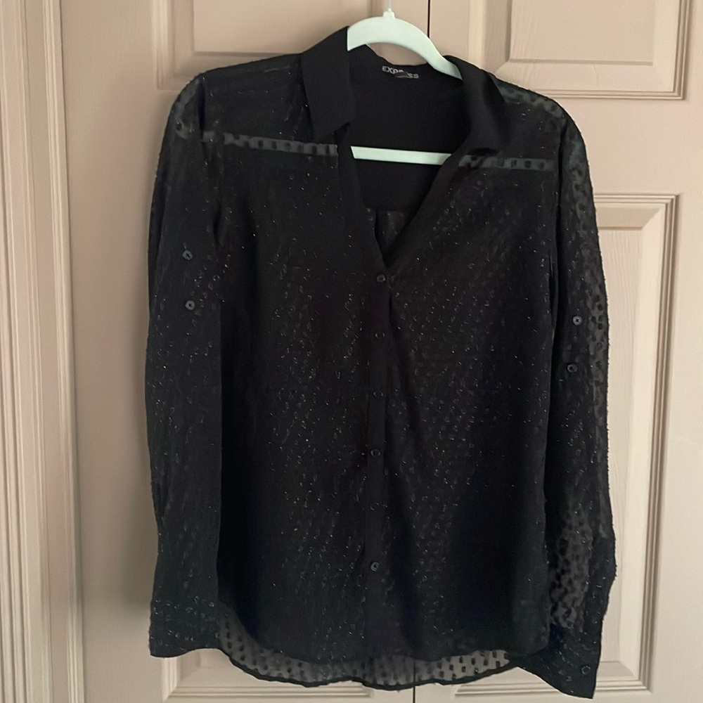 Black Sheer & Textural Polka Dot Detail Button-Down Shirt